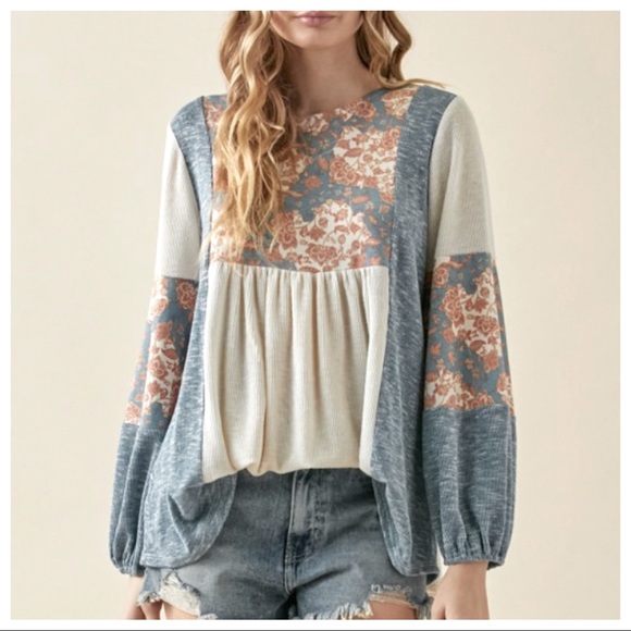 ShopEvelynne Tops - #24 Long Sleeves Color Block Boho Chic Floral Top